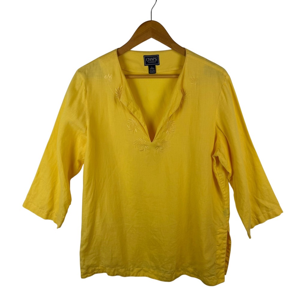 Chaps Classics Yellow 100% Linen Embroidered Split Neck Tunic Top Large Coastal